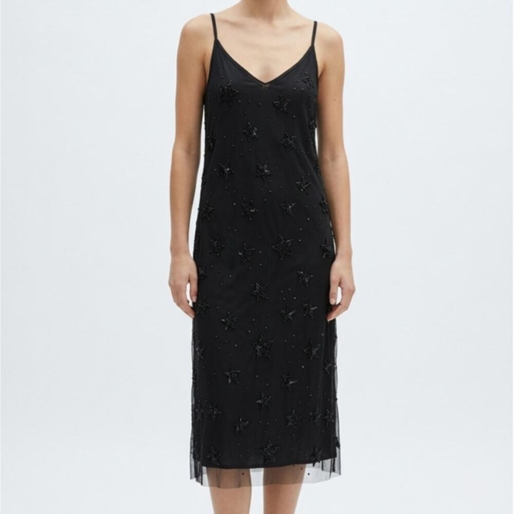 P.A.R.O.S.H Galax Star Embellished Mesh Slip Dress Womens M Black Beaded Midi